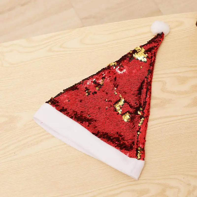 Christmas Sequin Hat for Adults Solid Color Sparkle Santa Cap with Bow Party Christmas Home Decor