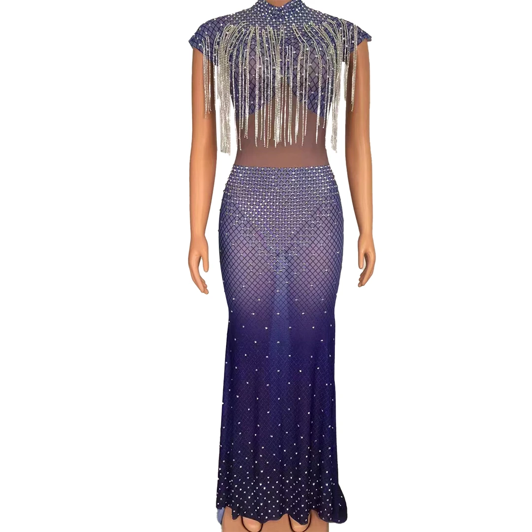 Vestido Purple See Through Tassel Rhinestone Birthday Wedding Prom Gown Sexy Maxi Club Prom Dress Women Cocktail Evening Dresses thinyfull purple prom dresses tulle floor length a line party dress simple see through wedding evening cocktail gowns plus size