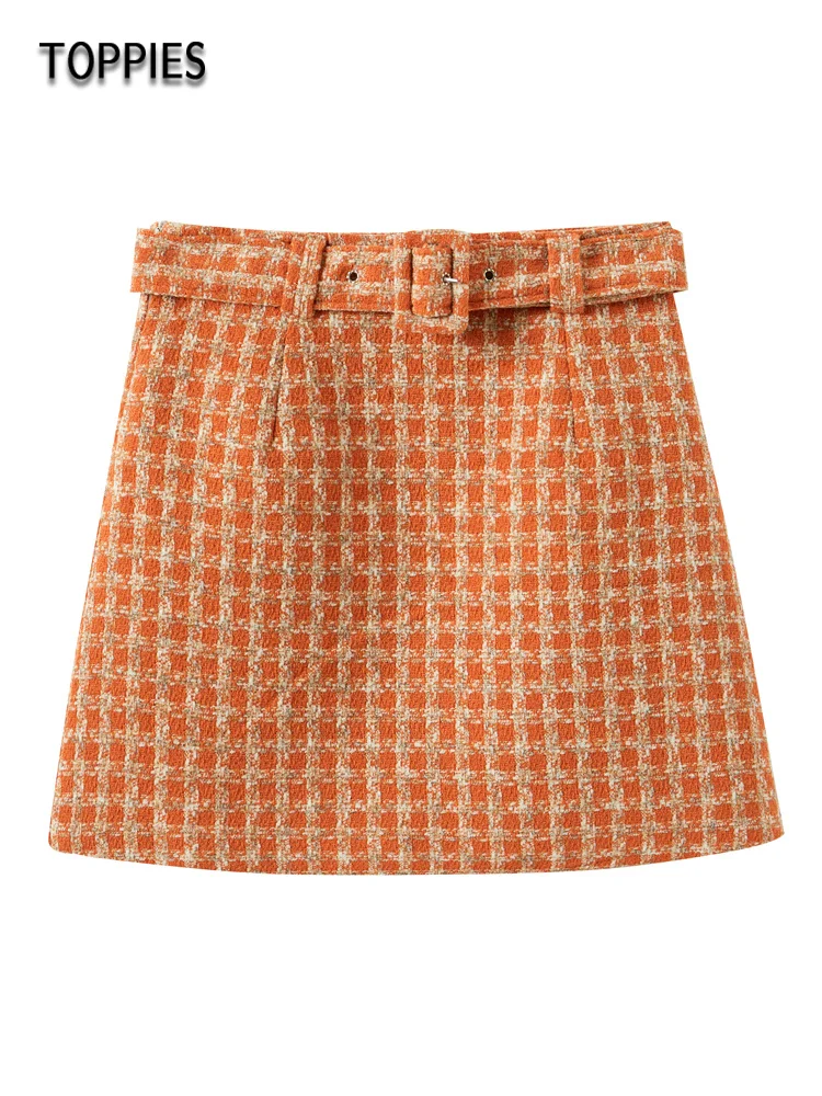 

2023 Spring Fashion Women's Retro skirt Plaid High Waist Woolen Belt Green Mini skirt