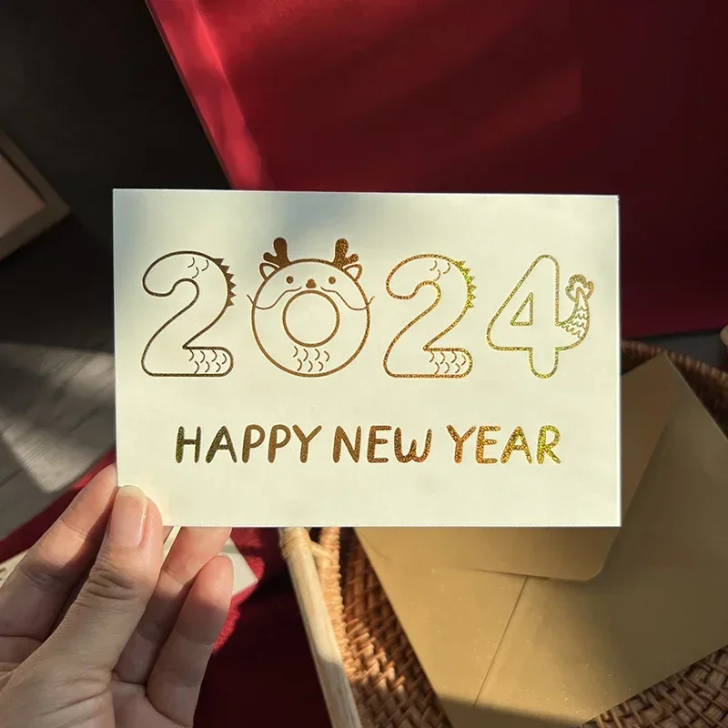 

2024 Happy New Year Greeting Cards Kraft Paper Envelopes DIY Christmas Party Invitation Handwritten Postcards for Letters Gifts