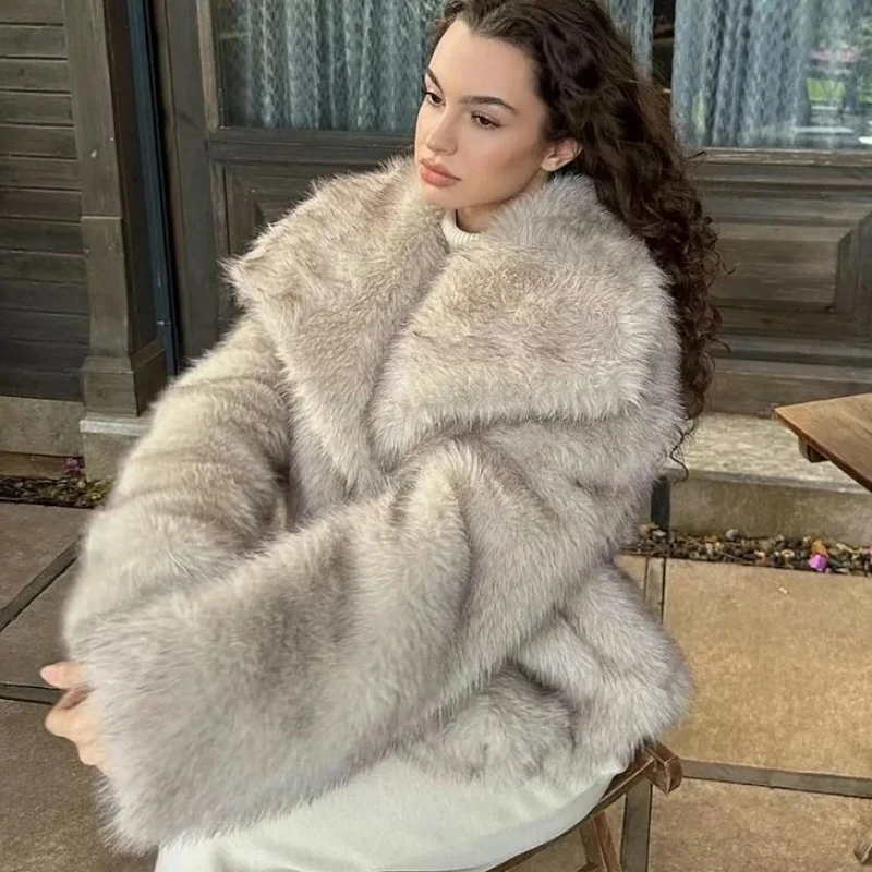2024 Winter New Fashion Gradient Fluffy Fur Coat Women High Street Luxury Big Fur Collar Faux Fox Fur Jacket Female Overcoats 4