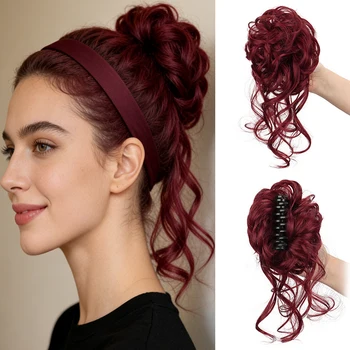 Chignon Sintetico a Cioccolatoio con Elastico, Estensione Corta Ricci per Donna, Accessorio per Capelli Quotidiani e da Festa