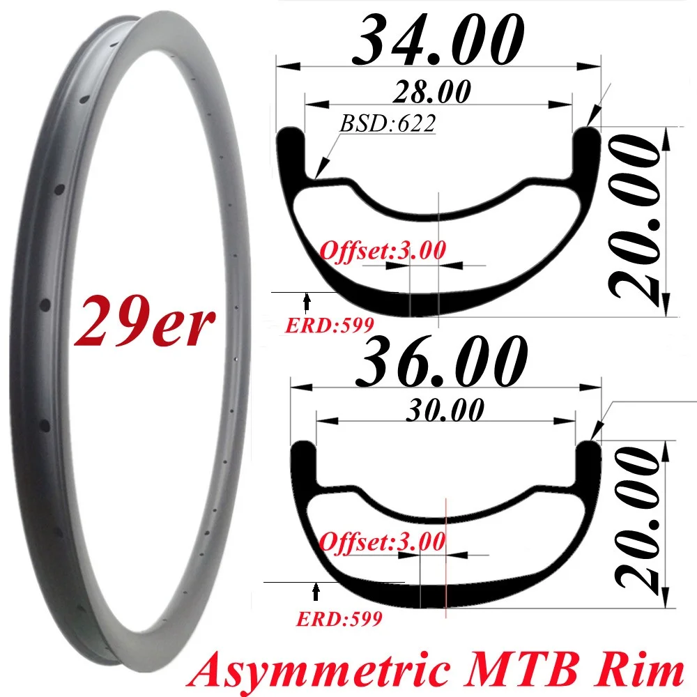 Jante Asymétrique en Carbone pour VTT, Sans Chambre à Air, 29 Pouces, Largeur 34/36mm
