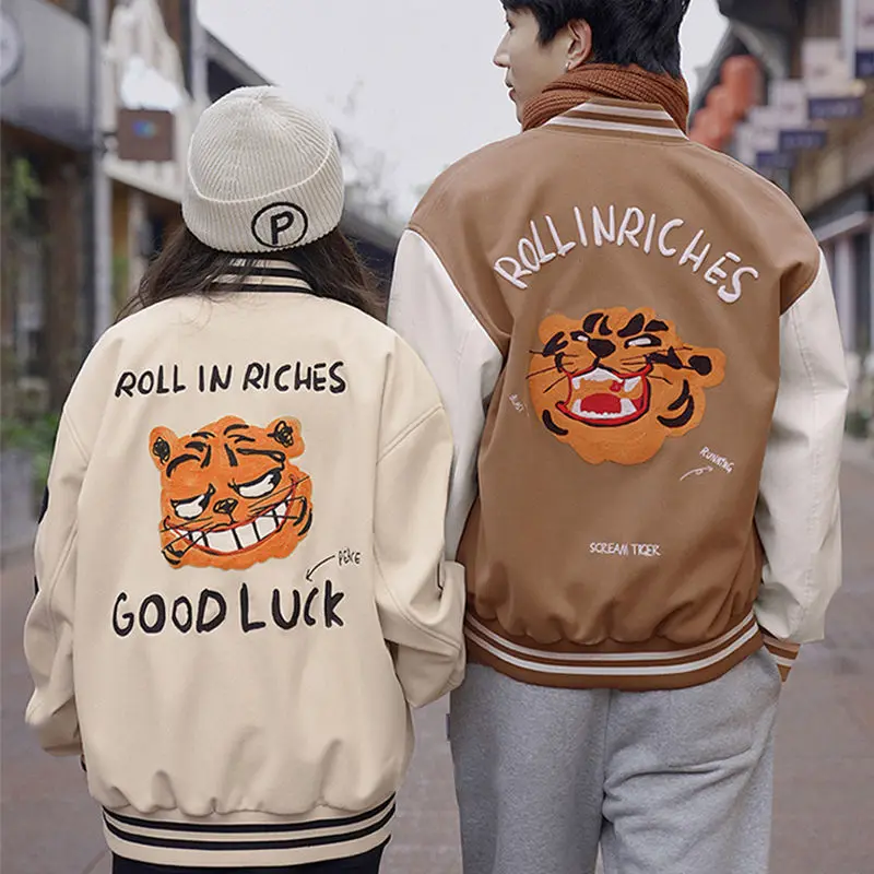 

Embroidered Tiger Varsity Jacket Men Woman Color Matching American Casual Double Coat Spring Fall Bomber Jackets Couple Clothing
