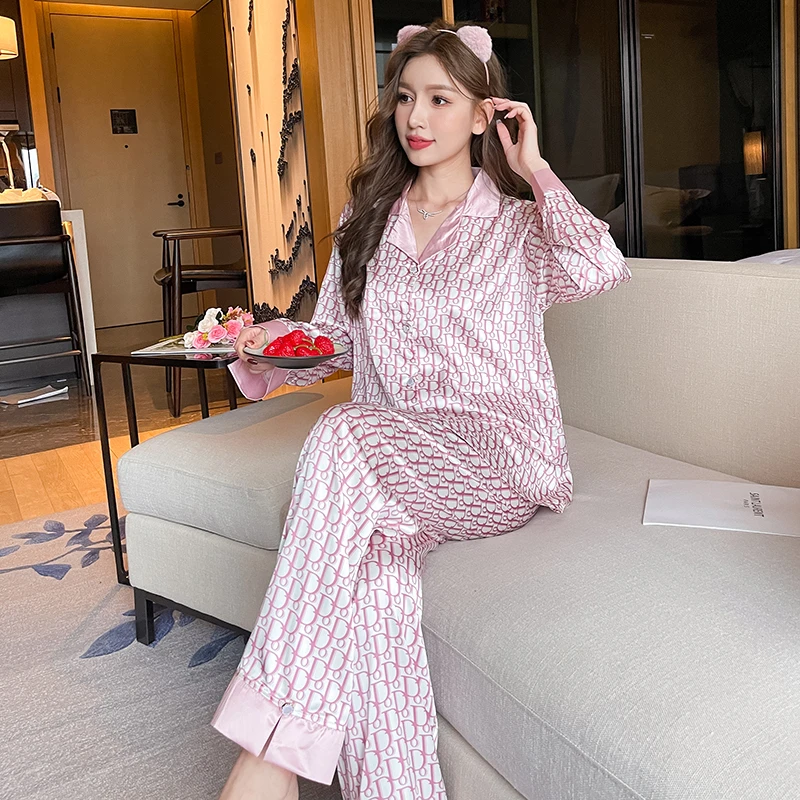 

Spring Ladies Faux Silk Polyester Pajama Sets Sexy Homewear Women's Casual Luxury Pajamas Thin Pajamas Female Sleepwear