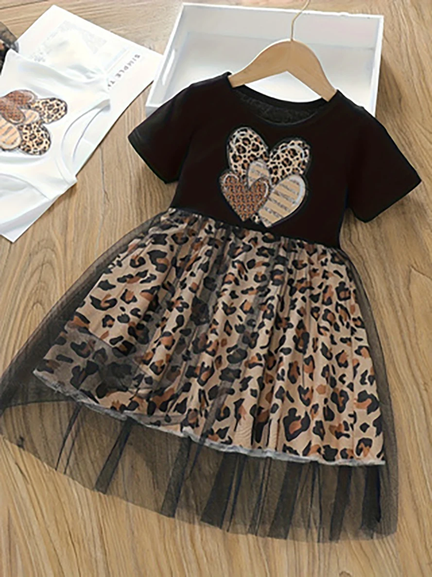 Mädchenkleid mit Leopardenmuster und Herzmuster aus Mesh, sommerlicher, kurzärmliger, süßer und kühner Puffrock