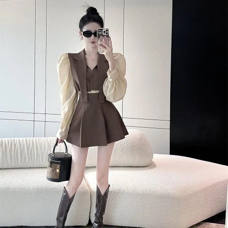 

UNXX 2023 Spring Autumn New Designer Puff Long Sleeve Spliced Contrast Color Fashion Casual Set Women's Temperament Skirts Sets