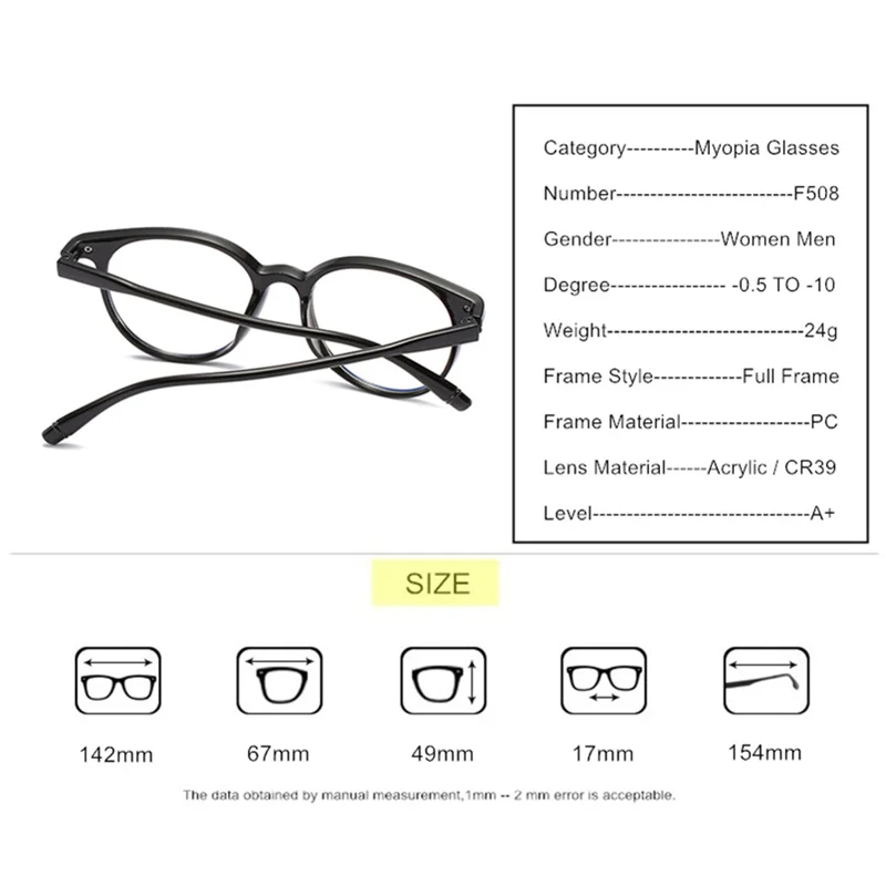 Prescription Nearsighted Glasses -0.5 To -10 Women Men Blue Light Blocking Or Photochromic Lenses Myopia Spectacles F508