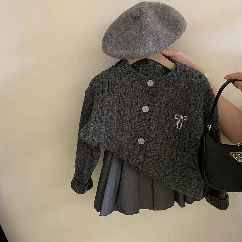 Kids Sweater Kids Coat Sweaters Girl Bow Knitting Cardigan Loose Coat Autumn Pleated Skirt Childrens Clothing Sweet Striped