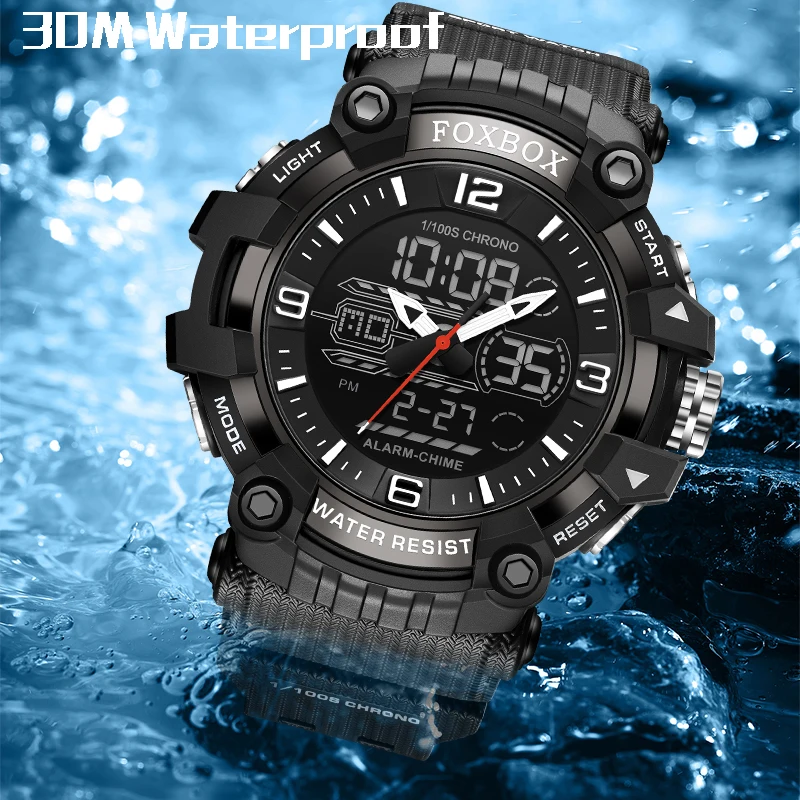 FOXBOX Quartz Watches For Men Silicone Bracelet Sports Wristwatches Waterproof Alarm Clock Analog Digitals Clock Reloj Hombre