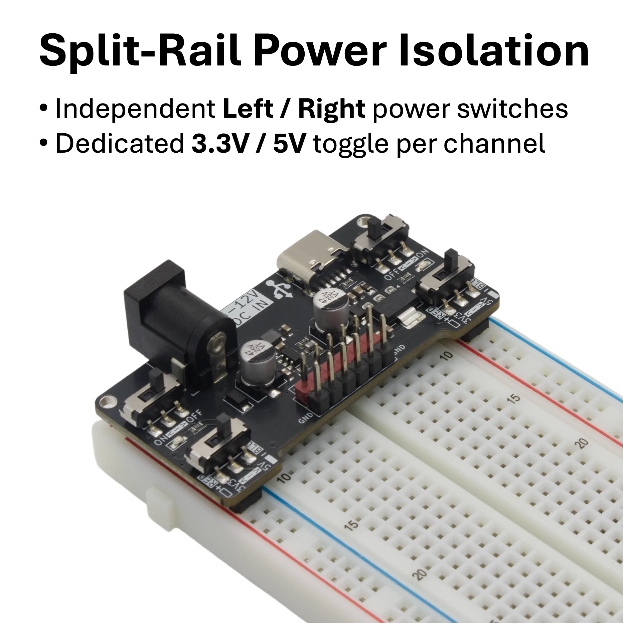 Dual Voltage Breadboard Power Supply with USB-C Interface and Adjustable Output