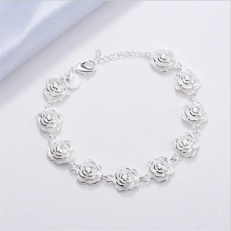 

New 925 Sterling Silver Full Rose Flower Chain Bracelet for Women Fashion Pretty Wedding Party Holiday Gift Fine Luxury Jewelry