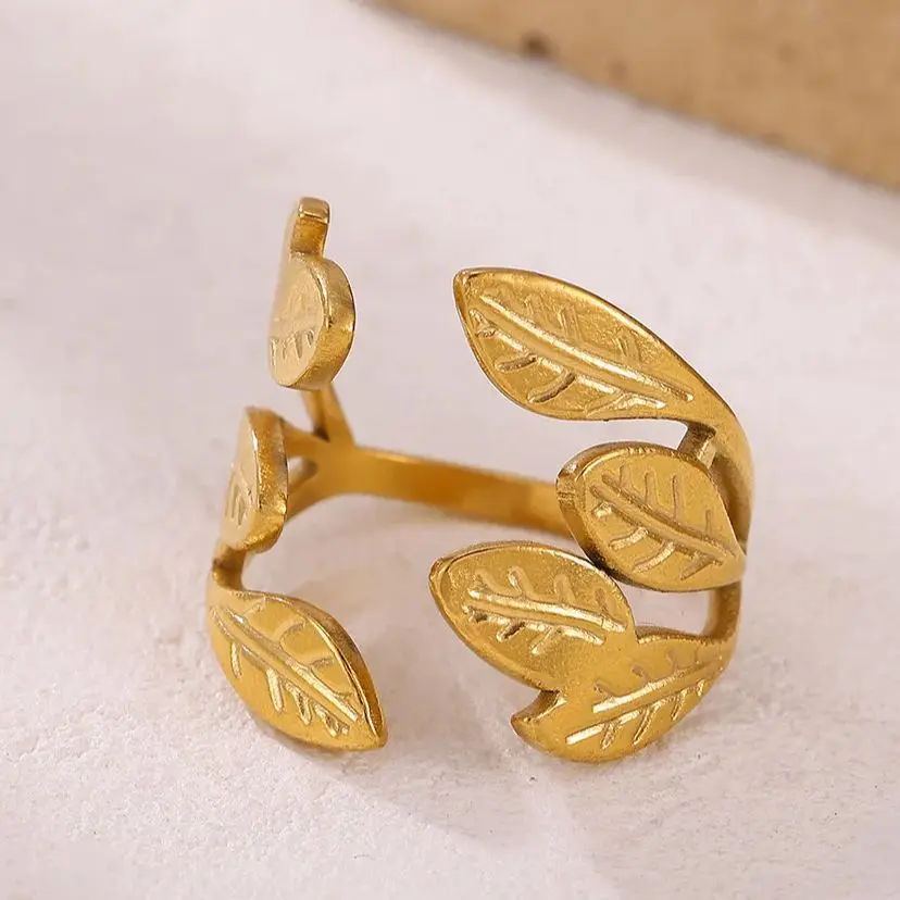 Fashion Leaf Rings for Women Gold Stainless Steel Geometric Opening