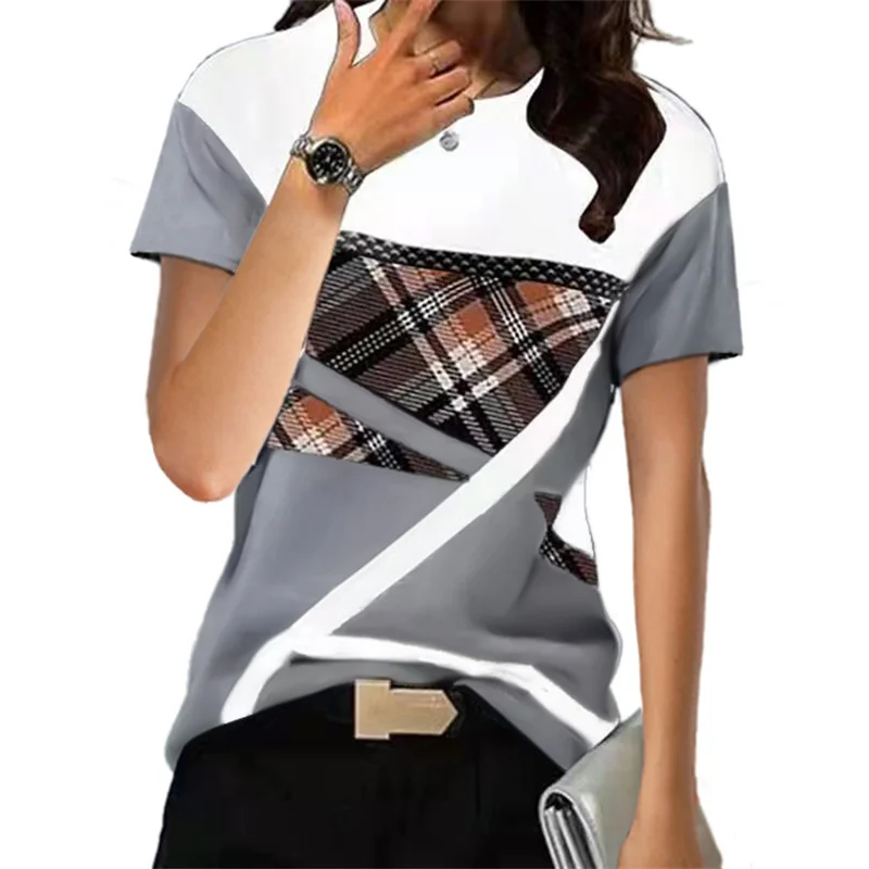 

2023 New Summer Short Sleeve T-Shirt Women Fashion Casual Geometry Print Tees Female O Neck Loose Pullover Colour Blocking Tops