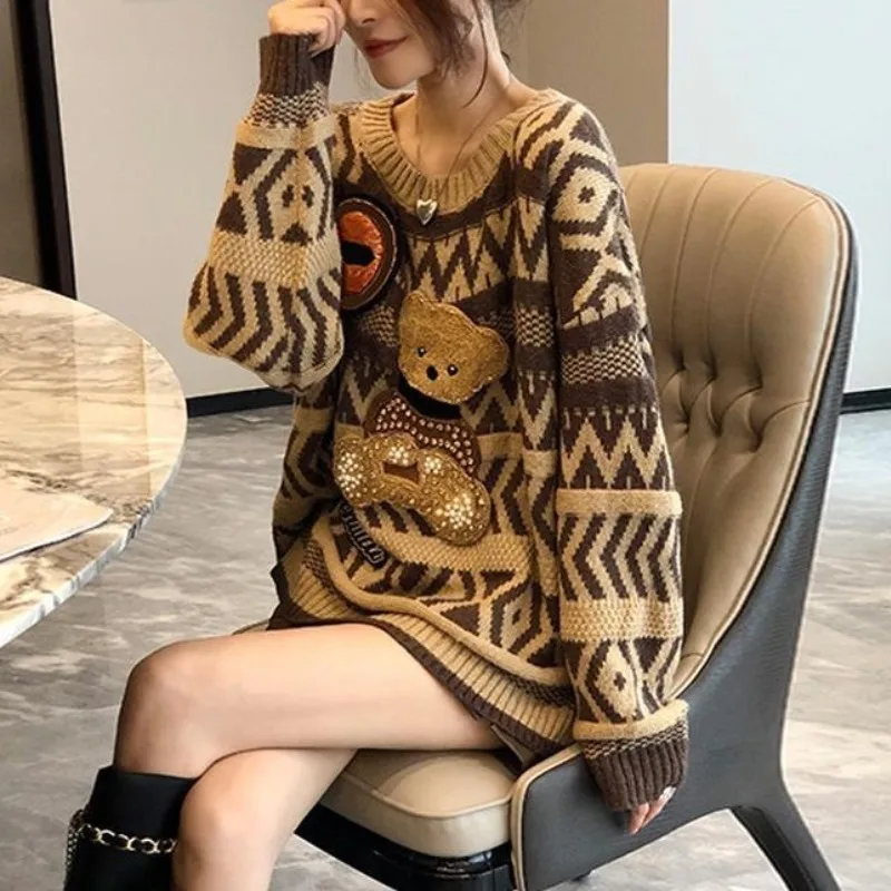 

Women's Pullover Round Neck Flounce Sweater 2023 Autumn and Winter New Fashionable Beading Cartoon Loose Long Sleeve Knit Tops