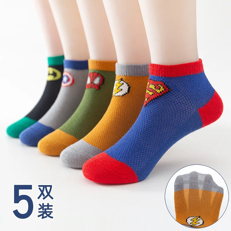 

5pairs 2024 Hot Disney Thin Mesh Socks Animation Figure Spidermans Comfortable Breathable Baby Sock Student Short Cotton Socks