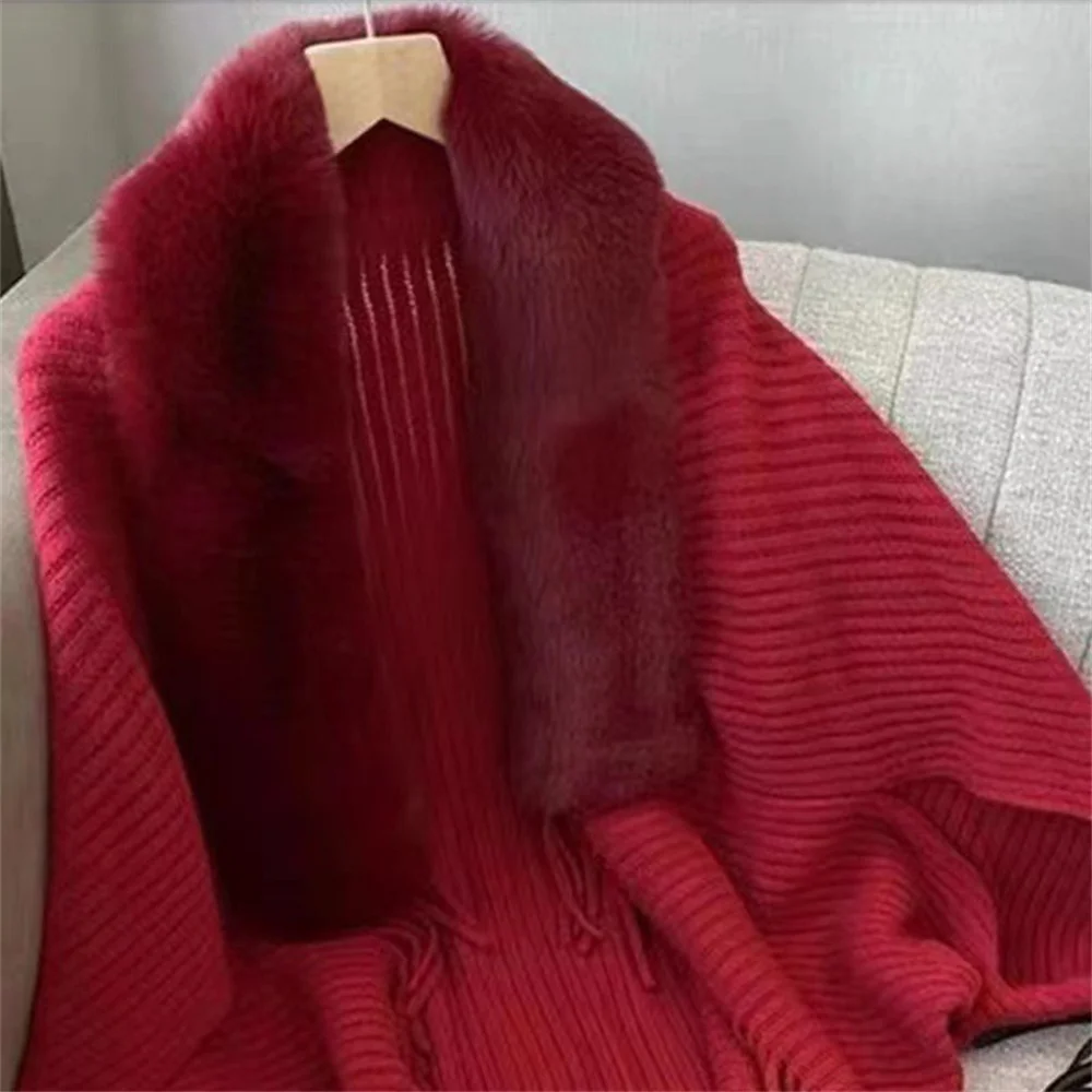 2024 Women Winter Warm Batwing Sleeves Poncho Cardigan Shawl Cape Big Pendulum Loose Knitted Cloak Faux Fur Neck Tassel Overcoat