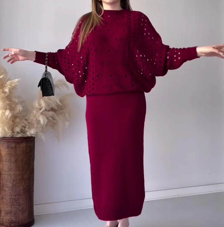 Two Piece Set Women Skirt Suits Lantern Sleeve Loose Pullover Sequin Sweater + Knee Length Knit Skirts Slim Fit Women Winter Set spring autumn women s summer elastic high waisted solid bright silk sequin loose casual knee mini elegant office lady skirt