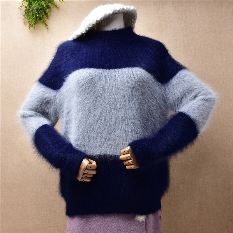 

04 Female Women Fall Winter Colored Hairy Mink Cashmere Knitted O-Neck Loose Pullover Angora Rabbit Fur Jumper Sweater Pull Tops