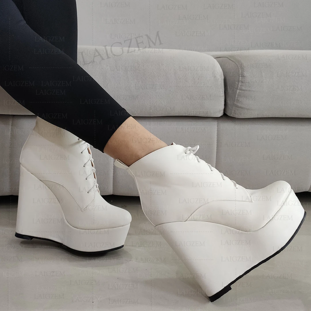 

LAIGZEM Women Ankle Boots Platform Wedges Lace Up Faux Leather Short Boots Height Increase Lady Shoes Woman Big Size 41 43 45 52