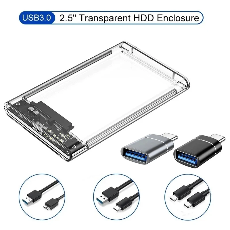 HDD Enclosure Transparent 2.5 inch SATA To USB 3.0 Type-C 3.1 UASP Hard Drive Case Tool-Free hdd enclosure hard disk case