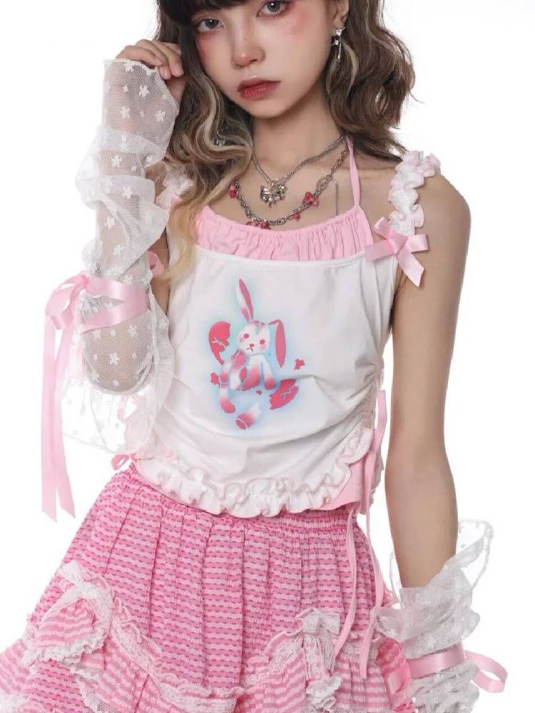 

Японские милые майки Y2k для женщин, имитация двух предметов, Модный укороченный топ с принтом кролика, милая Лоскутная майка с оборками
