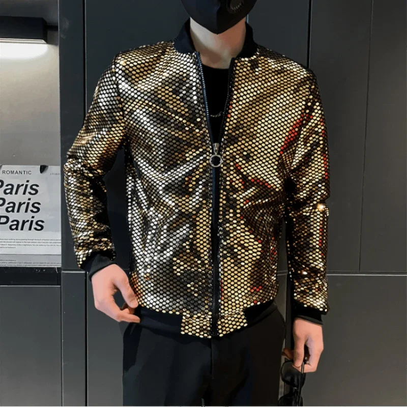 

2024The Latest Men Baseball Collar Zipper Jacket Spring Summer Long-sleeved Fashion Sunscreen Nightclub Party The Sequin Costume