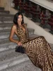 Women Elegant Leopard Print Lace-up Halter Dress Sexy Backless Deep V-neck Slim Long Dresses 2024 New Lady High Street Partywear 1
