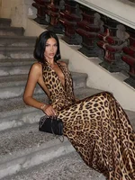 Women Elegant Leopard Print Lace-up Halter Dress Sexy Backless Deep V-neck Slim Long Dresses 2024 New Lady High Street Partywear 1