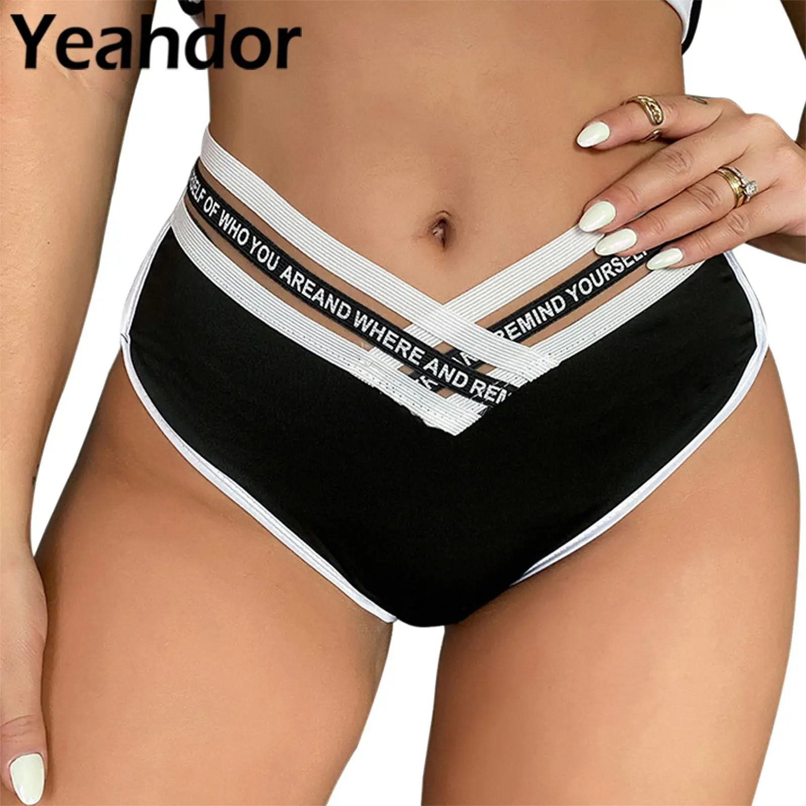 

Womens Fashion Letter Print Breathable Workout Bottoms High Waist Stretch Briefs Shorts For Yoga Sports