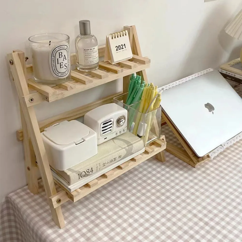 Wooden Storage Shelf 2-Tiers Foldable Organizer Shelves Bedroom Cosmetics Decoration Rack Solid Wood Trapezoidal Display Racks