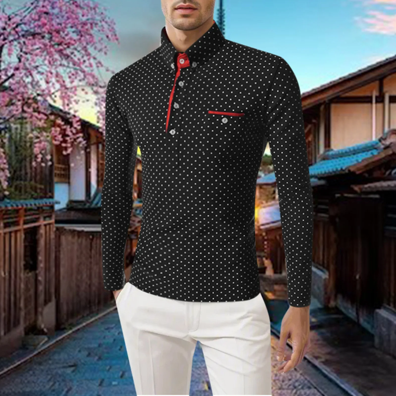 

Men's British Fashion Polka Dot Men's Casual Slim Fit Long Sleeve T Shirt Breathable Comfortable