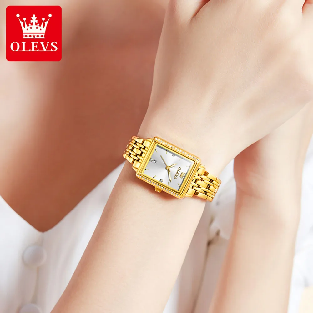 OLEVS Luxury Women's Quartz Watch Fashion Square Dial Solid Color Strap Top Quality Stainless Steel Waterproof Women's Watch