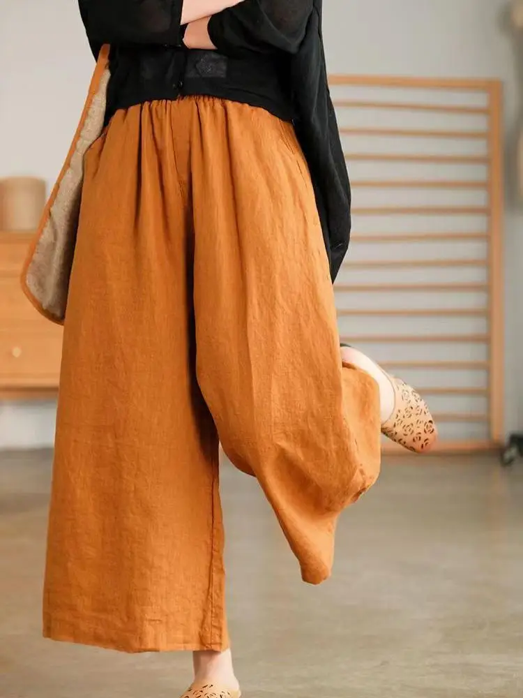 High Waist Cotton Linen Wide Leg Pants Women's New Summer 2025 Mom's High-End Drapey Slimming Linen Flax Nine Points Pants