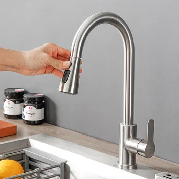 Rubinetto da cucina estraibile in acciaio inox con 360 °   acqua gommosa rotante + modalità doppia uscita doccia (spazzolato/nero disponibile) 1