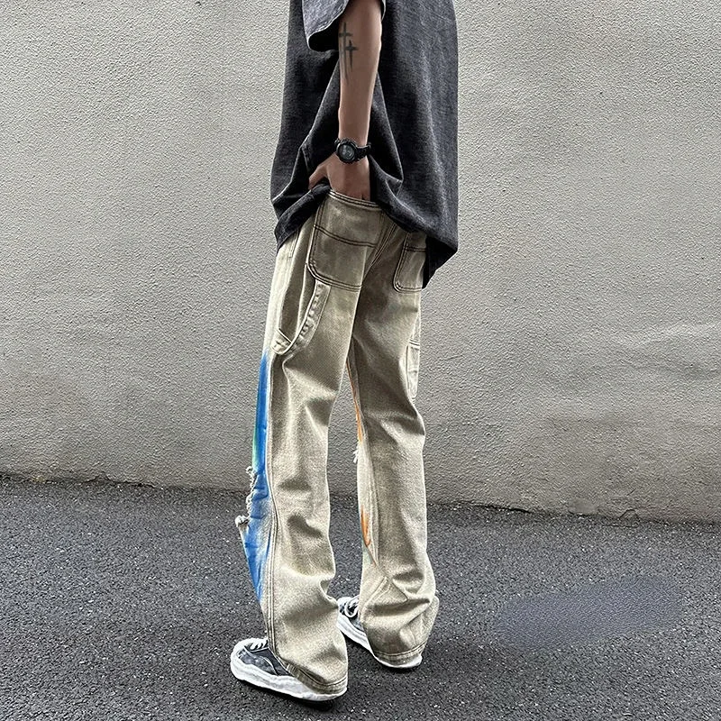 Trousers Torn beige man cowboy pants straight men's jeans broken tie dye vintage with holes ripped punk spring autumn Xs retro,men jeans,ripped jeans,ripped patchwork jeans