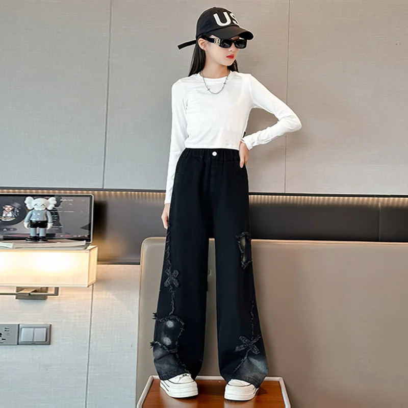 여아 데님 팬츠 키즈 워싱 블랙 타이다이 나비 패치워크 바지 어린이 봄 가을 스트레이트 와이드 레그 청바지