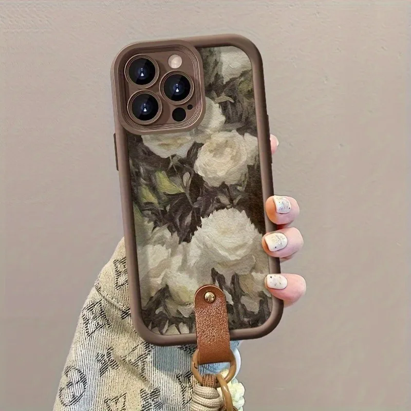 Oil Painting White Rose Hand Strap Phone Case - Soft Cover
