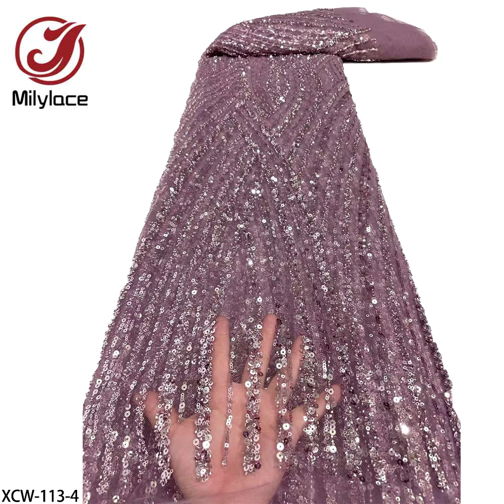 Sequins Embroidery French Mesh Lace Fabric African Handmade Beads Tulle Lace Fabrics for Party XCW-113