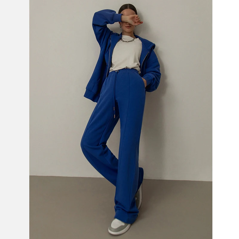 

Solid Color Sweater Women Suit Autumn/Winter 2023 Hoodie Zipper Sweater+Elastic Waist Floor Dragging Casual Pants Solid Color