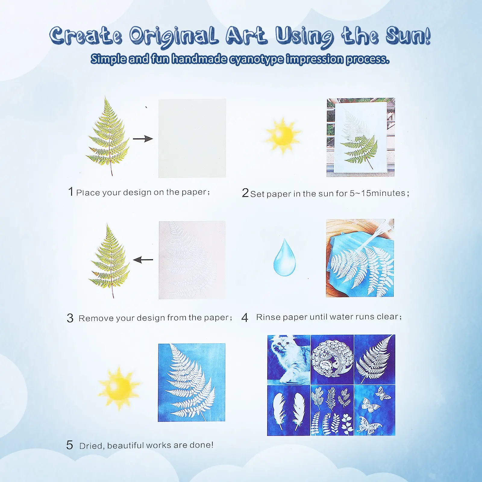 1 세트 Cyanotype 종이 태양 인쇄 DIY 공예 재료 그림 예술 인쇄를위한 태양 활성화 인쇄 용지 수제 선물 프로젝트