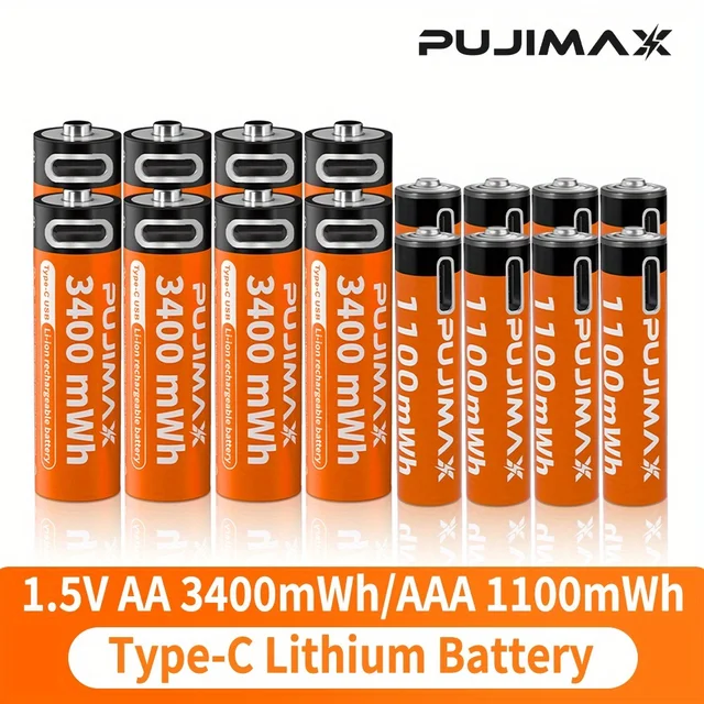 PUJIMAX 1.5V AA&AAA Rechargeable Lithium Battery 3400mWh/1100mWh, Type-C Port Charging Be Reused 1500 Times For Alarm Clocks 1