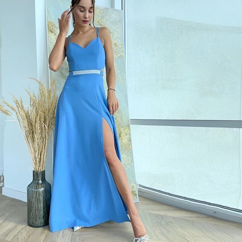 

Женское атласное платье в пол BlueDress Store, синее платье трапециевидной формы с V-образным вырезом, платье для выпускного вечера