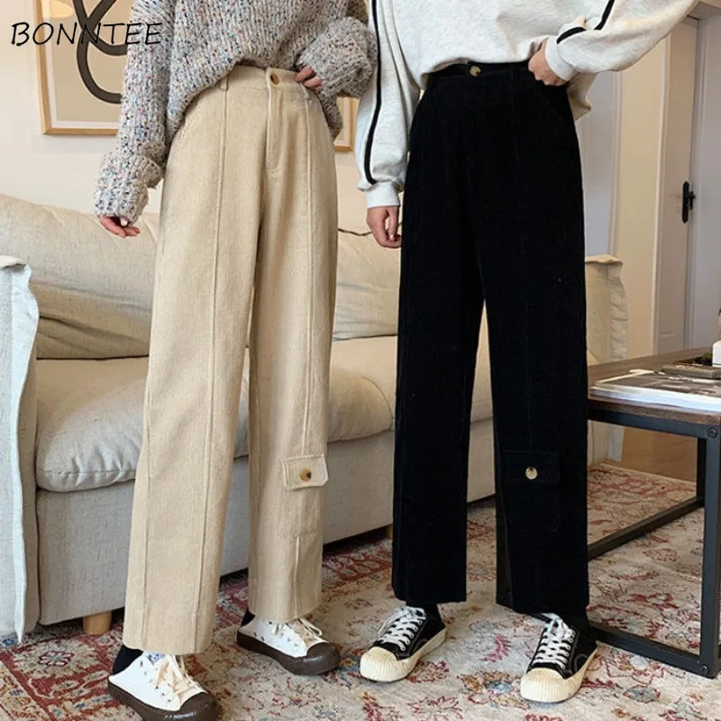 

Chic Pants for Women Loose Solid Pockets Design Fashion Students Clothing Autumn College Girls All-match Casual Korean Style