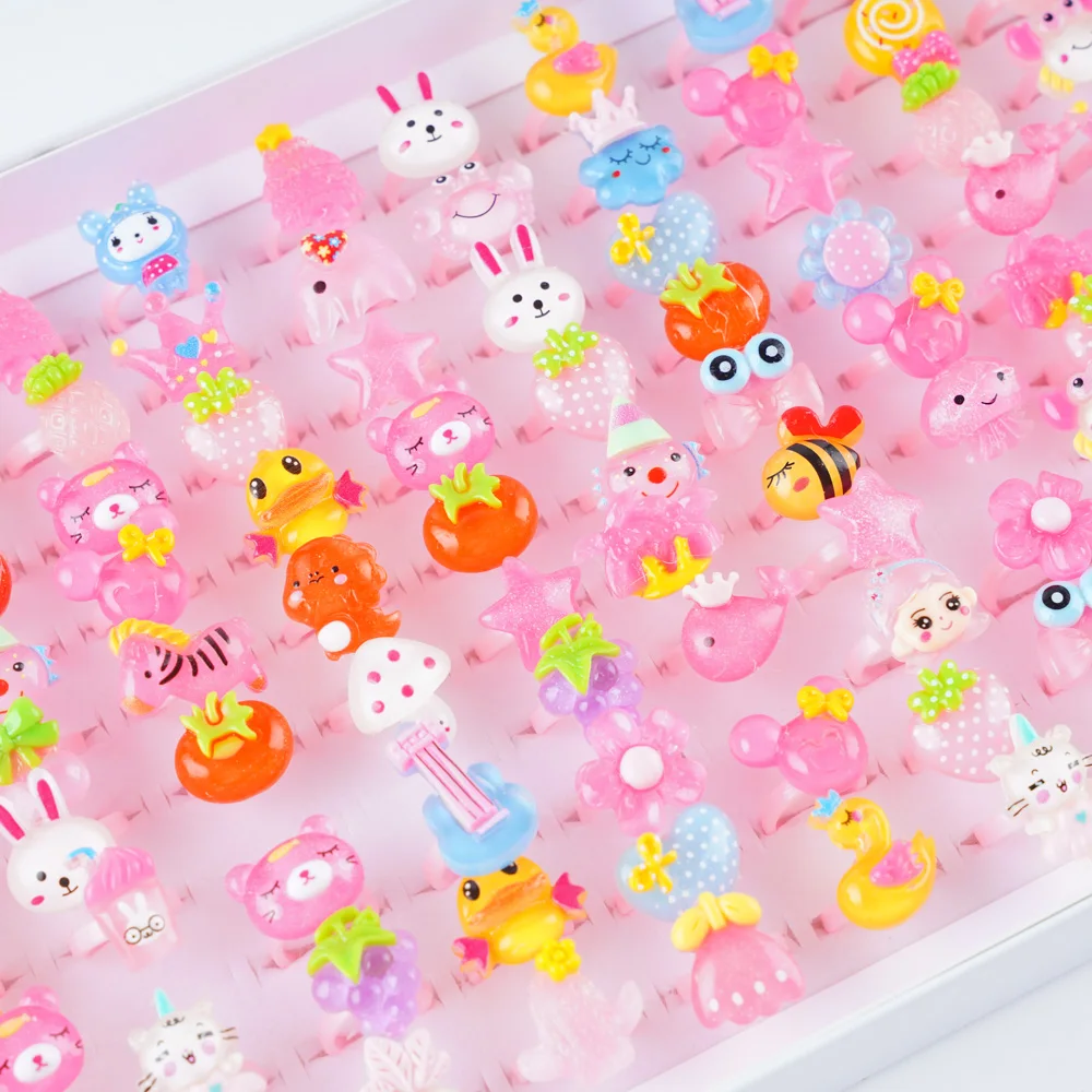100 Teile/los Kinder Harz Cartoon Reizende Nette Obst Tier Blume Pflanze Öffnung Ringe für Kinder Jungen Mädchen DIY Schmuck Zubehör