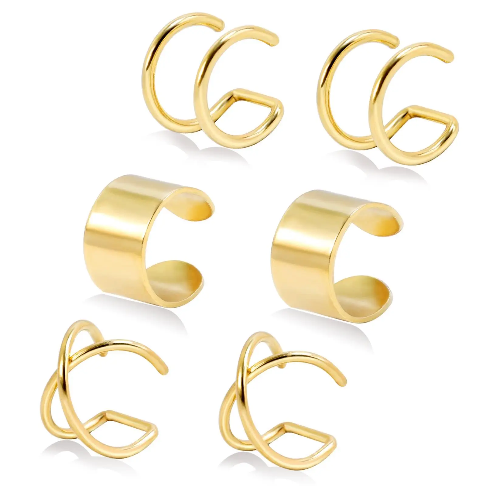 Ear Clip Earrings 6pcs Stainless Steel Double Lines Non Piercing Fake Helix Cartilage Huggie Cross Cuff