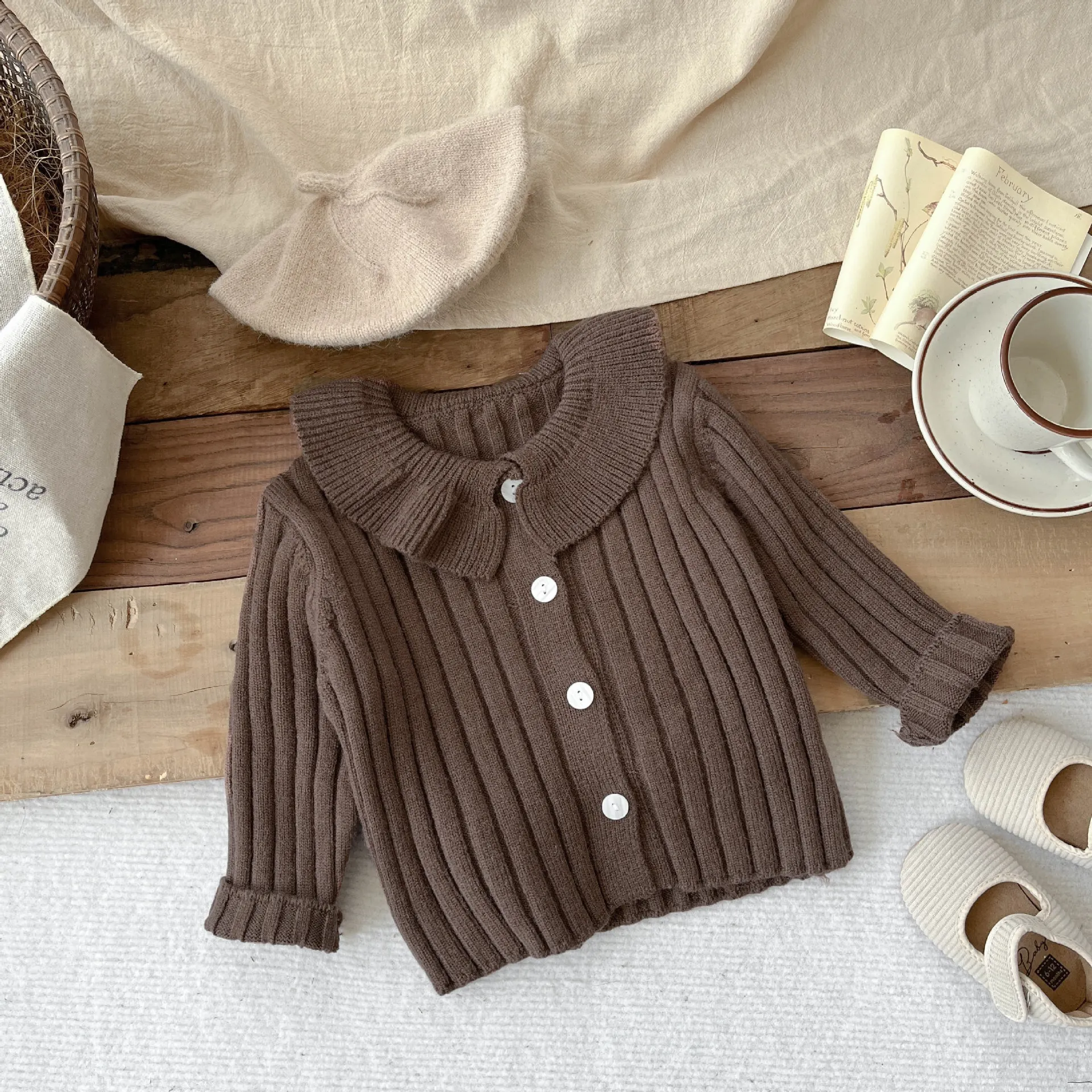 Autumn New Girls Long Sleeve Knitted Cardigan Baby Girl Cute Peter Pan Collar Tops Cotton Infant Toddler Solid Casual Coat