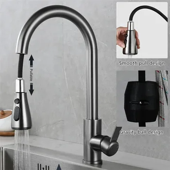 Rubinetti da cucina Acciaio inossidabile 304 Estraibile Lavello da cucina Rubinetto per acqua Miscelatore da piano Miscelatore Spruzzatore a flusso Testa Rubinetti caldi e freddi 1