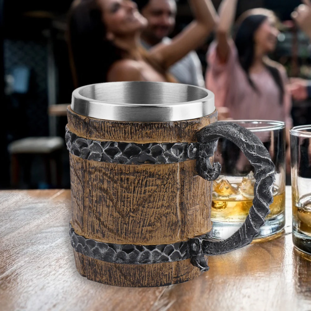 Simulation Wooden Barrel Mug Double Wall Heat Insulated Cup Creative Portable Resin Stainless Steel Retro for Home Ornament