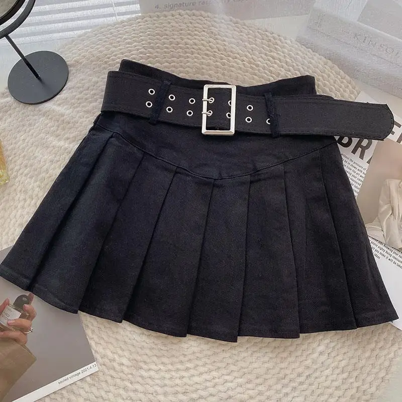 Pure Color Women's Skirt Korean Fashion with Belt High Waist
